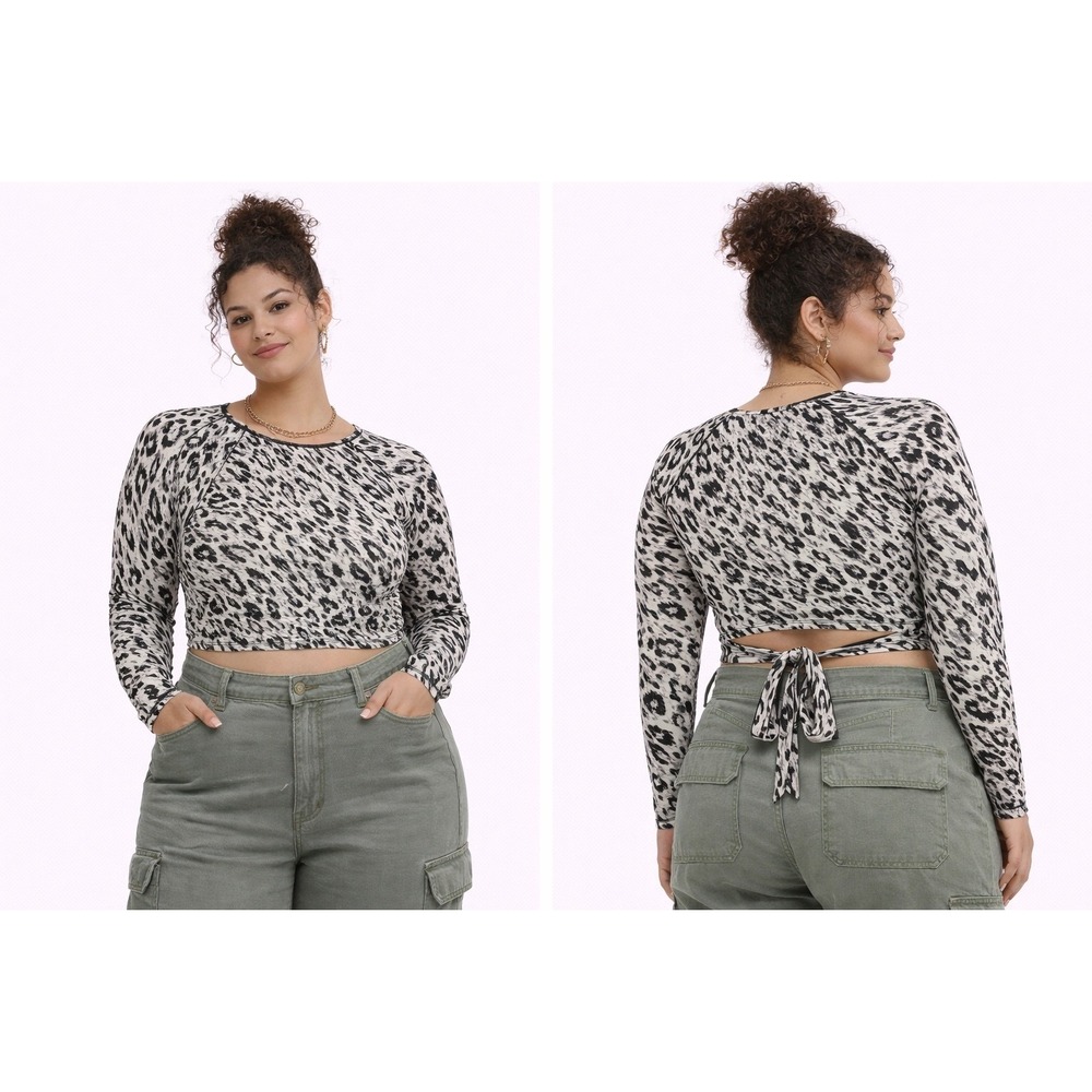 All in Motion Crop Top Womens XL White Black Leopard Tie Waist Long Sleeve Yoga